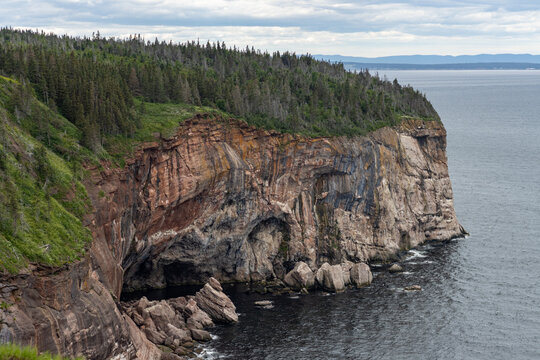 Quebec, Canada, 15 July 2026 : Steep cliffs covered with evergreen forest meet the vast ocean under a cloudy sky.