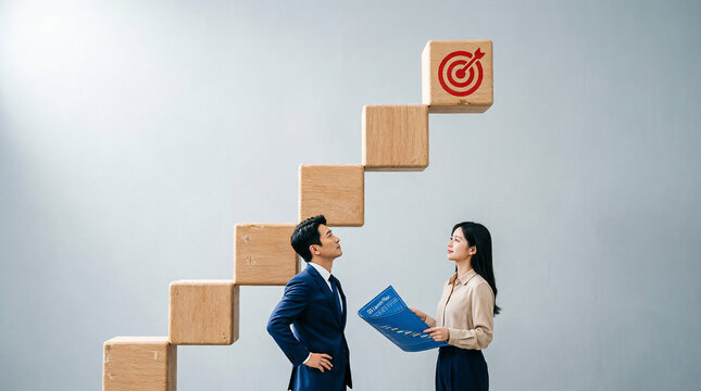 Business colleagues planning career path with target icon on top of ascending wooden blocks.