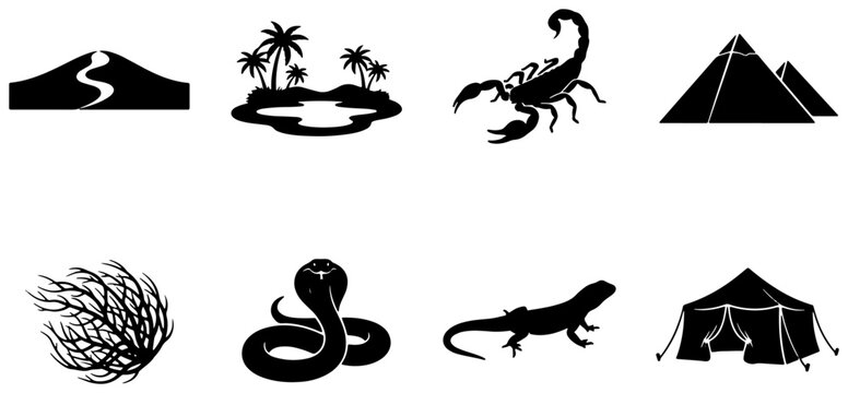 Desert Icons Collection: Pyramids, Oasis, Scorpion, Snake, Lizard, Tent, Dunes, Tumbleweed - Vector Graphics