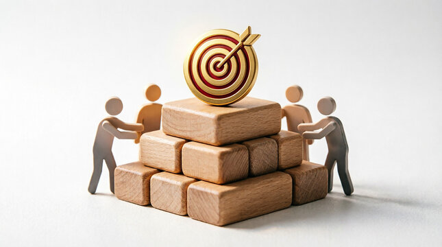 Team collaborating to build success with target symbol atop wooden blocks, representing shared business goals.