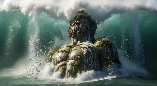 Colossal stone statue of a bearded god emerging from crashing ocean waves