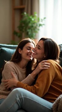 Two young women share a warm, joyful hug on a comfy sofa in a cozy living room. Natural light and indoor plants create a peaceful, intimate atmosphere of friendship and happiness.