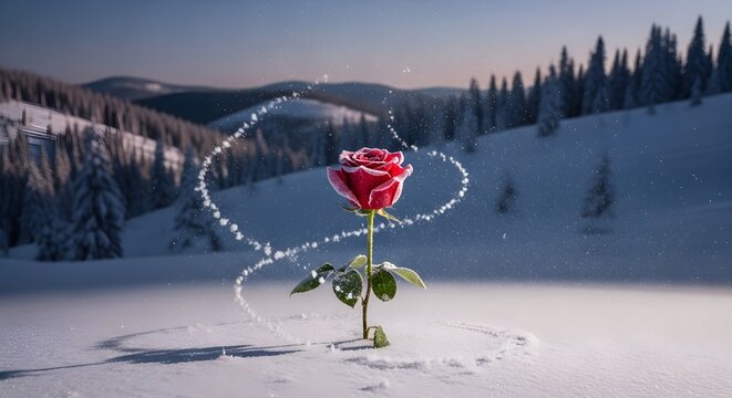Red rose blooming in snowy winter forest with magical snow swirls