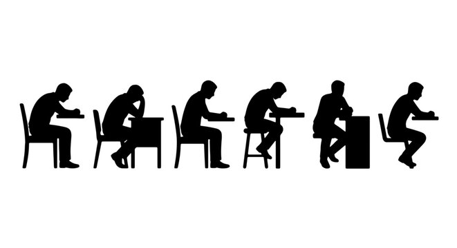 Silhouette Figures Studying at Desks, Student Learning Poses, Academic Research Icons, Educational Study Group Vector Set