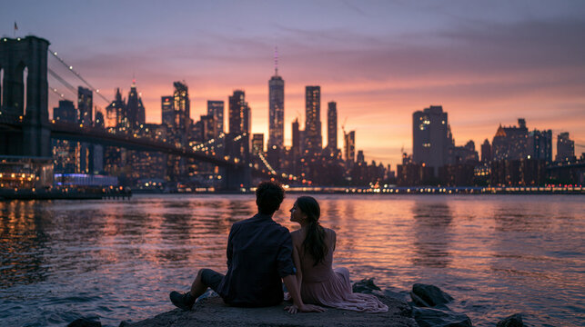 Couple Sitting at Waterfront Watching New York City Sunset