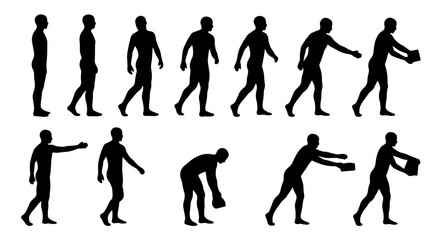 Obraz premium Silhouette Human Poses Collection, Male Figure Actions, Walking, Reaching, Lifting, Carrying, Vector Graphics Set for Animation and Design