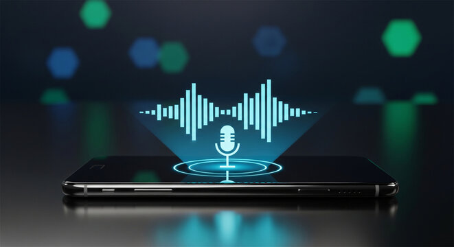 Futuristic voice assistant on smartphone, glowing audio wave hologram