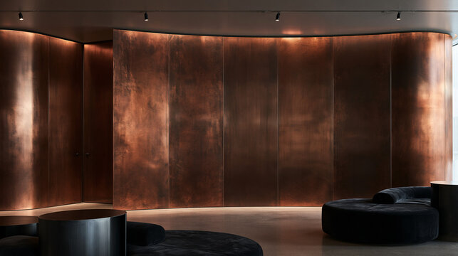Modern Luxury Interior with Curved Bronze Metallic Wall