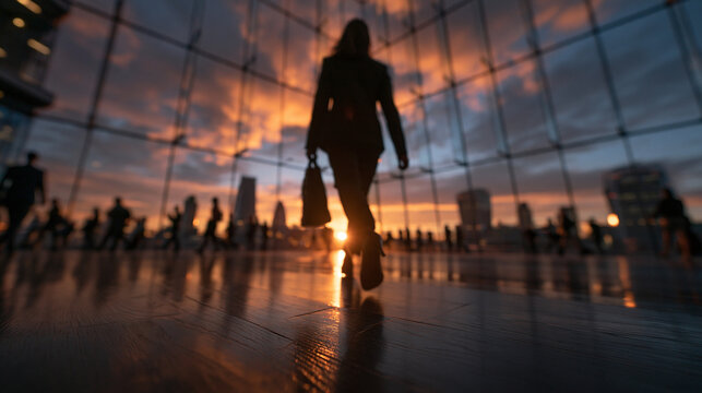 Businesswoman Silhouette Walking Through Modern Corporate Building at Sunset