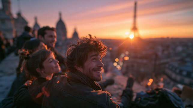 Young Friends Watching Sunset Over Paris Skyline with Eiffel Tower