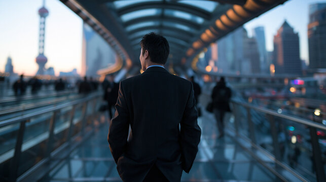 Businessman in Suit Looking at Modern City Skyline