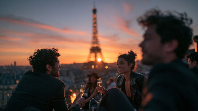 Friends Toasting with Champagne on Paris Rooftop at Sunset