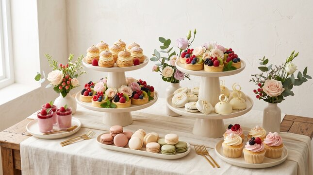 A table filled with assorted desserts including fruit tarts, cream puffs, macarons, and cupcakes on white ceramic stands and plates in a bright room setting