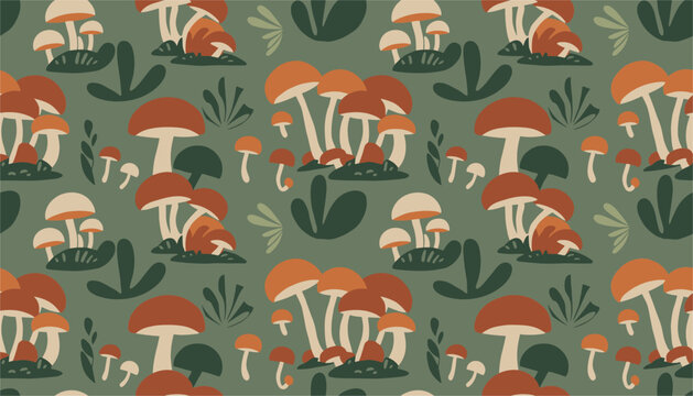 Seamless vector pattern featuring various types of colorful forest mushrooms and plants on dark green background.