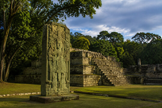 Carved stela at Cop&aacute;n Maya site, ancient civilization and history concept