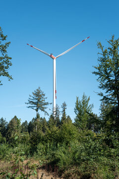 Wind turbine standing tall in a forest on a clear day