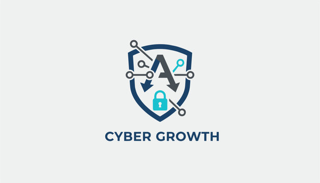 Cyber Growth logo template with a blue shield containing the letter A, a padlock, digital nodes, and down-pointing arrows.