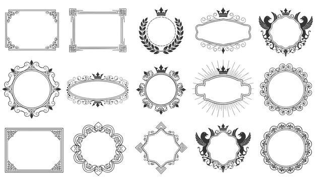 Extensive collection of fifteen vintage ornamental frames, royal emblems with crowns, and classic border templates in black.