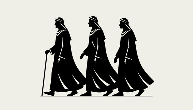 Profile silhouette of three Arab men wearing traditional thobe robes and shemagh headscarves walking in a row.