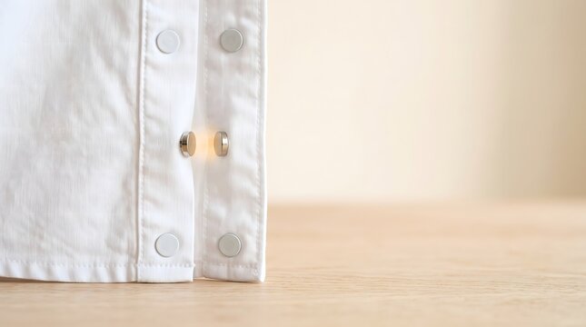 Shirt placket with magnetic closures aligning on wooden surface, adaptive fashion and accessible clothing design concept art horizontal with copy space