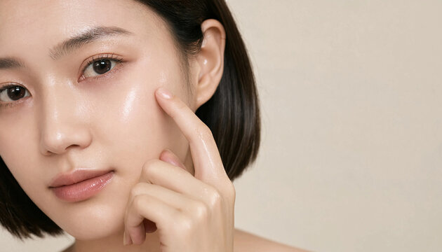 Macro portrait of Asian woman touching smooth glass skin on cheek for skincare cosmetic advertising and dermatology concept