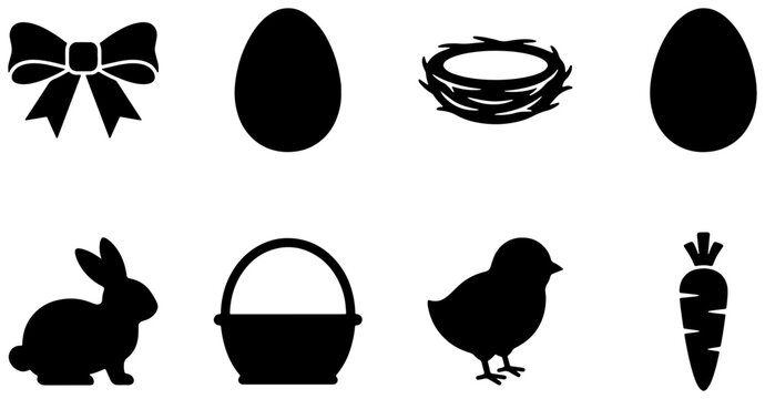 Easter Icons Set: Black Silhouette Vector Graphics of Eggs, Bunny, Chick, Nest, Carrot, Bow, and Basket for Spring Holiday Design