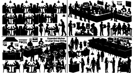 Fototapeta premium Restaurant Dining and Bar Scenes, Silhouette Icons Set: Expanded Kitchen & Large Group Dining, 25 Elements
