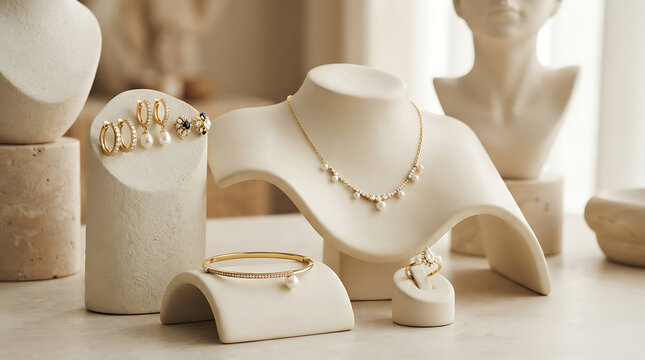 Elegant Gold Jewelry Displayed on Classic Bust Mannequins transparent background