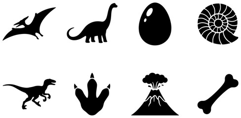 Dinosaur Icons Set: Pterodactyl, Brontosaurus, Raptor, Egg, Footprint, Volcano, Fossil, Bone. Prehistoric vector graphics for educational and design projects. © Sharmin