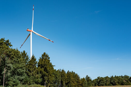 Large wind turbine stands among green trees under clear blue sky in a rural area