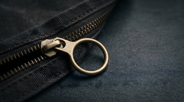 Zipper with oversized looped pull tab on dark surface, one handed adaptive fashion accessibility design concept art horizontal with copy space