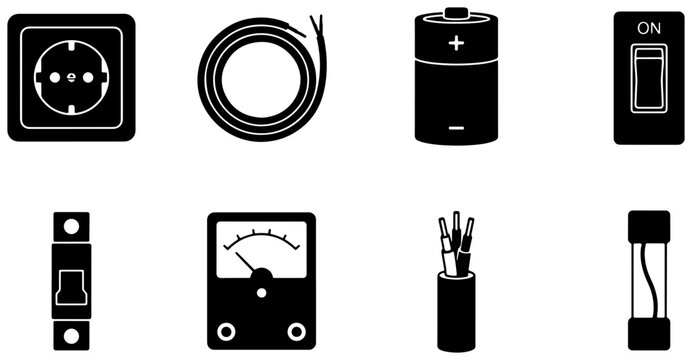 Electrical Components Icons Set: Power Outlet, Cable Coil, Battery, Switch, Fuse, Voltmeter, Wire Bundle, Glass Fuse for Energy, Technology, and DIY Projects