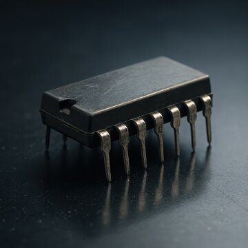 Historical dual inline package semiconductor isolated against dark backdrop
