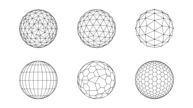 Geometric wireframe spheres set, 3D mesh globe icons, black and white technical line art for science and technology design