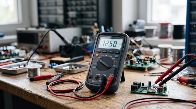 Digital Multimeter Measuring Voltage on Workbench