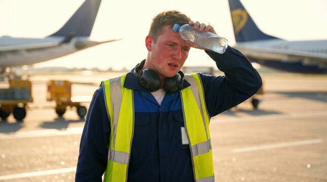 Airport ground crew worker cooling down with a water bottle. Exhausted young man suffering from heat on the tarmac. Summer heatwave at work