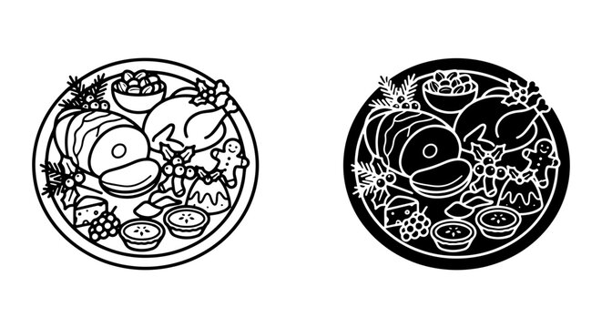 Festive Christmas Dinner Vector Icons, Holiday Feast Food Graphics, Seasonal Celebration Meal Illustrations