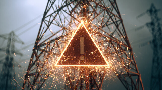 High Voltage Electric Tower Model Beside Glowing Power Warning Caution Icon
