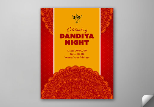 Editable Navratri Dandiya Night Festival Invitation Post Template with Creative Durga Maa Face and Mandala Design on Red and Yellow Background.