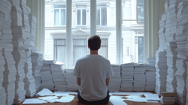 Overwhelmed Person Sitting Amidst Piles of Paperwork in an Office, Looking Out a Large Window