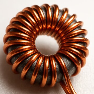 Toroidal inductor coil wound with shiny copper wire on ring core
