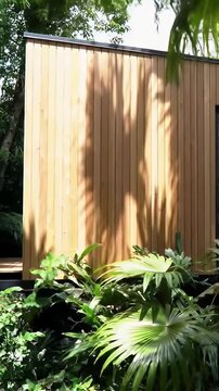 Modern wooden house facade framed by lush tropical plants.