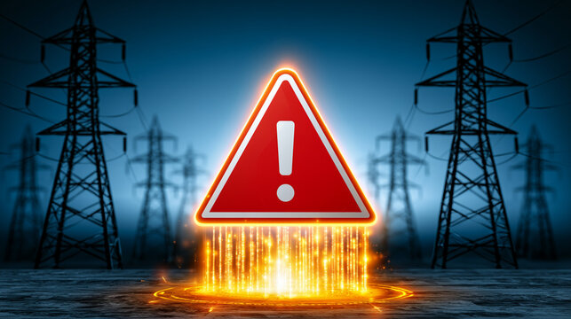 High Voltage Electric Tower Model Beside Glowing Power Warning Caution Icon

