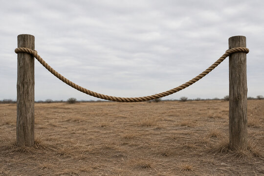 Thick manila rope hanging slack between wooden posts in dry field, tension and pause concept
