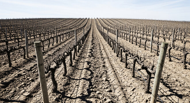 Symmetrical rows of bare grape vines in a dormant winter vineyard