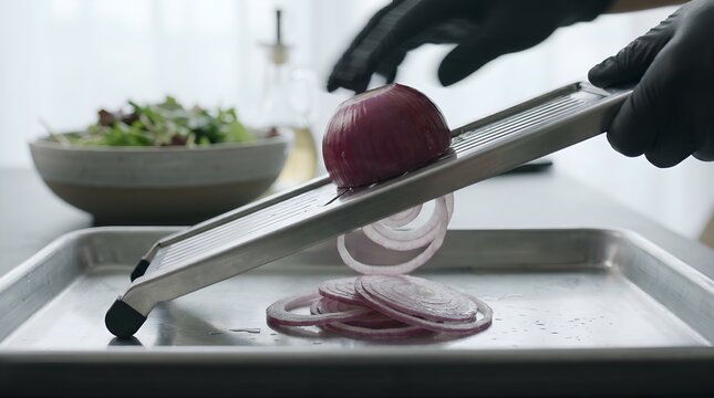 Chef slicing red onion with mandoline for fresh salad preparation.