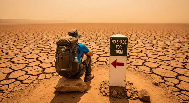 Hiker sitting in dry cracked desert by a no shade signpost