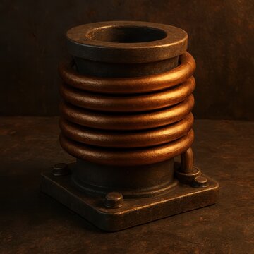Copper coil inductor mounted within a rustic iron frame
