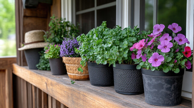 Charming Potted Flowers and Plants on a Wooden Window Ledge, Countryside Cottage Decor