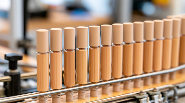 Row of liquid foundation makeup bottles moving along industrial production line
